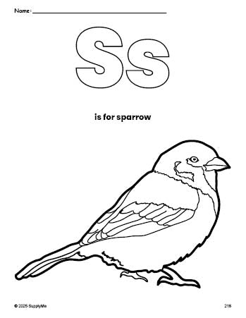 Free printable sparrow coloring page, letter s coloring page for preschool, pre-k, and kindergarten, PDF