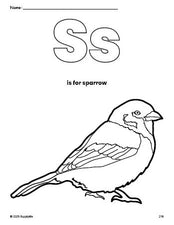 Free printable sparrow coloring page, letter s coloring page for preschool, pre-k, and kindergarten, PDF