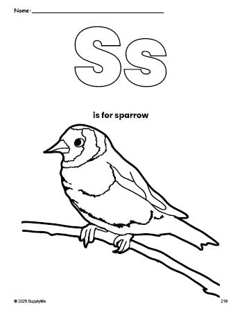 Free printable sparrow coloring page, letter s coloring page for preschool, pre-k, and kindergarten, PDF