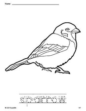 Free printable sparrow coloring page and word tracing worksheet, letter formation guides, perfect for preschool, pre-k, and kindergarten, PDF