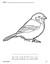 Free printable sparrow coloring page and word tracing worksheet, perfect for preschool, pre-k, and kindergarten, PDF