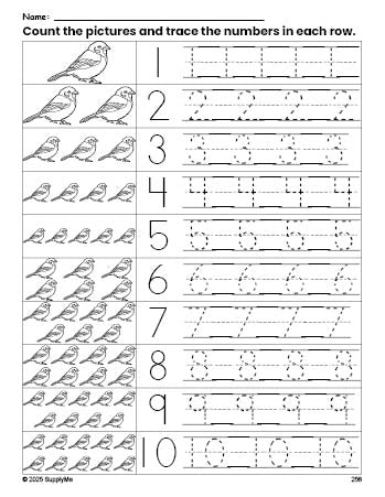 Free printable sparrow counting worksheet for preschool and pre-k with number tracing practice 1-10, PDF