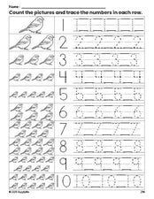 Free printable sparrow counting worksheet for preschool and pre-k with number tracing practice 1-10, PDF