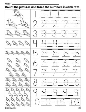 Free printable sparrow counting worksheet for preschool and pre-k with number tracing practice 1-10, PDF