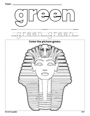 Free sphinx color green coloring page and color worksheet, green worksheet for preschoolers to learn colors, printable PDF