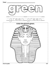 Free sphinx color green coloring page and color worksheet, green worksheet for preschoolers to learn colors, printable PDF