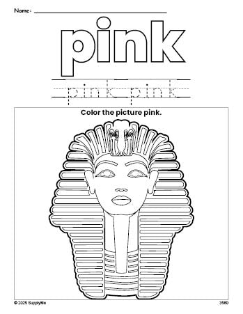 Free sphinx color pink coloring page and color worksheet, pink worksheet for preschoolers to learn colors, printable PDF