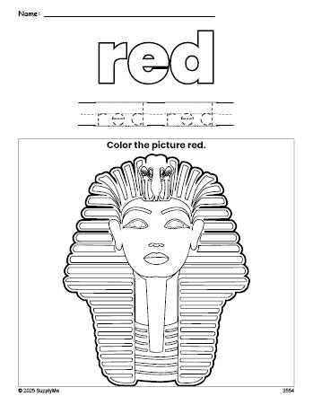 Free sphinx color red coloring page and color worksheet, red worksheet for preschoolers to learn colors, printable PDF