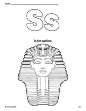 Free printable sphinx coloring page, letter s coloring page for preschool, pre-k, and kindergarten, PDF