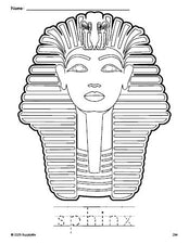 Free printable sphinx coloring page and word tracing worksheet, perfect for preschool, pre-k, and kindergarten, PDF