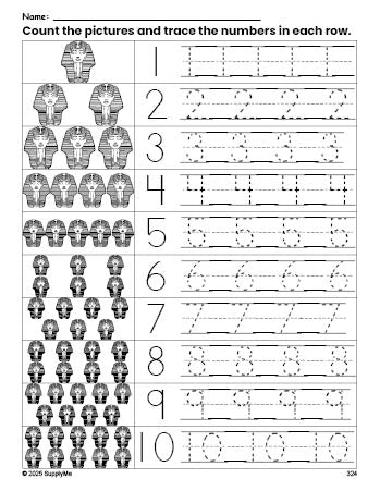 Free printable sphinx counting worksheet for preschool and pre-k with number tracing practice 1-10, PDF