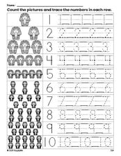 Free printable sphinx counting worksheet for preschool and pre-k with number tracing practice 1-10, PDF