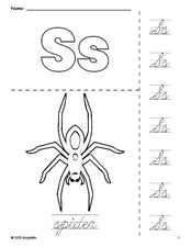 Free printable spider Halloween coloring page and cursive letter tracing worksheet, letter s worksheet for preschool, pre-k, and kindergarten, PDF