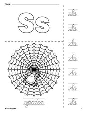 Free printable spider Halloween coloring page and cursive letter tracing worksheet, letter s worksheet for preschool, pre-k, and kindergarten, PDF