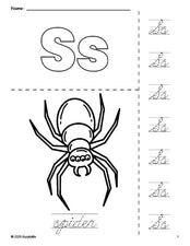 Free printable spider Halloween coloring page and cursive letter tracing worksheet, letter s worksheet for preschool, pre-k, and kindergarten, PDF