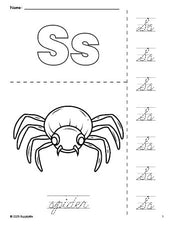 Free printable spider Halloween coloring page and cursive letter tracing worksheet, letter s worksheet for preschool, pre-k, and kindergarten, PDF