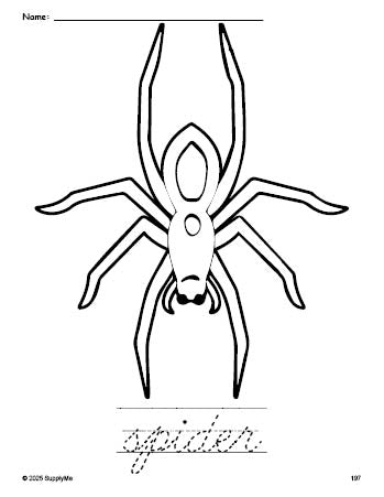 Free printable spider Halloween coloring page and cursive word tracing worksheet, perfect for preschool, pre-k, and kindergarten, PDF