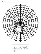 Free printable spider Halloween coloring page and cursive word tracing worksheet, perfect for preschool, pre-k, and kindergarten, PDF