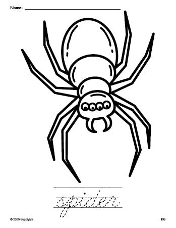 Free printable spider Halloween coloring page and cursive word tracing worksheet, perfect for preschool, pre-k, and kindergarten, PDF