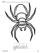 Free printable spider Halloween coloring page and cursive word tracing worksheet, perfect for preschool, pre-k, and kindergarten, PDF