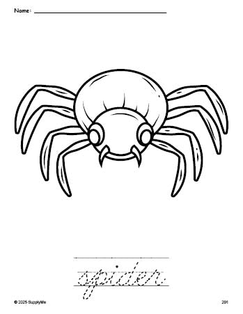 Free printable spider Halloween coloring page and cursive word tracing worksheet, perfect for preschool, pre-k, and kindergarten, PDF