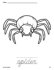 Free printable spider Halloween coloring page and cursive word tracing worksheet, perfect for preschool, pre-k, and kindergarten, PDF