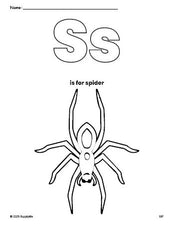 Free printable spider Halloween coloring page, letter s coloring page for preschool, pre-k, and kindergarten, PDF