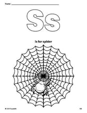 Free printable spider Halloween coloring page, letter s coloring page for preschool, pre-k, and kindergarten, PDF