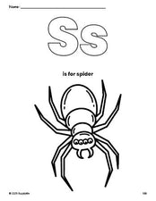 Free printable spider Halloween coloring page, letter s coloring page for preschool, pre-k, and kindergarten, PDF