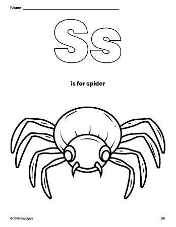 Free printable spider Halloween coloring page, letter s coloring page for preschool, pre-k, and kindergarten, PDF