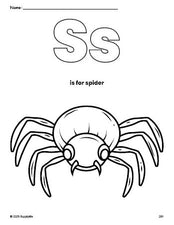 Free printable spider Halloween coloring page, letter s coloring page for preschool, pre-k, and kindergarten, PDF