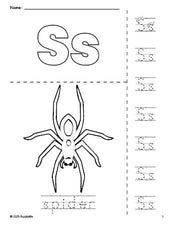 Free printable spider Halloween coloring page and letter tracing worksheet, letter s worksheet for preschool, pre-k, and kindergarten, PDF