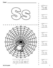 Free printable spider Halloween coloring page and letter tracing worksheet, letter s worksheet for preschool, pre-k, and kindergarten, PDF