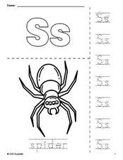 Free printable spider Halloween coloring page and letter tracing worksheet, letter s worksheet for preschool, pre-k, and kindergarten, PDF