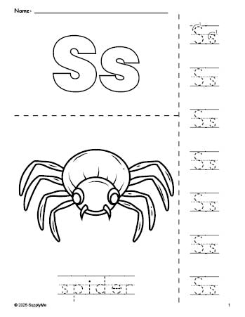 Free printable spider Halloween coloring page and letter tracing worksheet, letter s worksheet for preschool, pre-k, and kindergarten, PDF