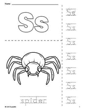 Free printable spider Halloween coloring page and letter tracing worksheet, letter s worksheet for preschool, pre-k, and kindergarten, PDF