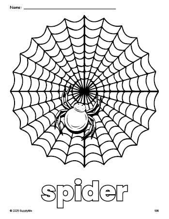 Free printable spider Halloween coloring page for preschool, pre-k, and kindergarten, PDF