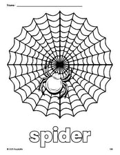 Free printable spider Halloween coloring page for preschool, pre-k, and kindergarten, PDF