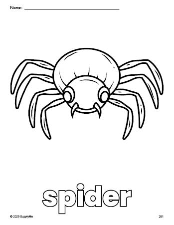 Free printable spider Halloween coloring page for preschool, pre-k, and kindergarten, PDF