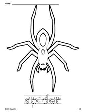 Free printable spider Halloween coloring page and word tracing worksheet, letter formation guides, perfect for preschool, pre-k, and kindergarten, PDF