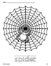 Free printable spider Halloween coloring page and word tracing worksheet, letter formation guides, perfect for preschool, pre-k, and kindergarten, PDF