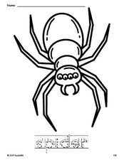 Free printable spider Halloween coloring page and word tracing worksheet, letter formation guides, perfect for preschool, pre-k, and kindergarten, PDF