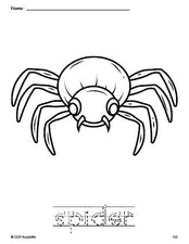 Free printable spider Halloween coloring page and word tracing worksheet, letter formation guides, perfect for preschool, pre-k, and kindergarten, PDF