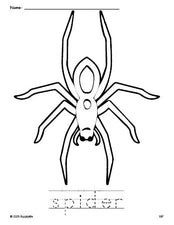 Free printable spider Halloween coloring page and word tracing worksheet, perfect for preschool, pre-k, and kindergarten, PDF