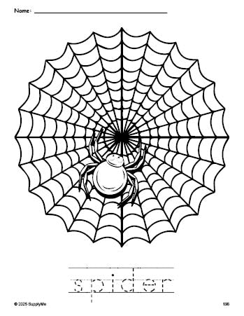 Free printable spider Halloween coloring page and word tracing worksheet, perfect for preschool, pre-k, and kindergarten, PDF