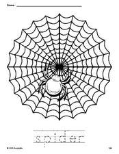 Free printable spider Halloween coloring page and word tracing worksheet, perfect for preschool, pre-k, and kindergarten, PDF