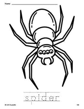 Free printable spider Halloween coloring page and word tracing worksheet, perfect for preschool, pre-k, and kindergarten, PDF