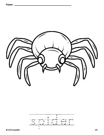 Free printable spider Halloween coloring page and word tracing worksheet, perfect for preschool, pre-k, and kindergarten, PDF