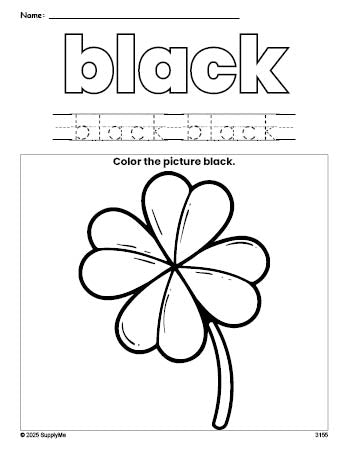 Free St. Patrick's Day four leaf clover color black coloring page and color worksheet, black worksheet for preschoolers to learn colors, printable PDF