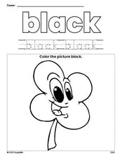 Free St. Patrick's Day four leaf clover color black coloring page and color worksheet, black worksheet for preschoolers to learn colors, printable PDF